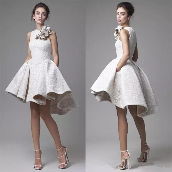 Krikor Jabotian encaje vestidos de baile alto bajo joya escote flor hecha a mano apliques vestido formal corto encaje vestidos de fiesta noche 307Y