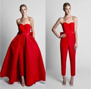 Krikor Jabotiaanse rode jumpsuits avondjurken met afneembare rok lieverd prom jurken op maat gemaakte formele feestjurkbroek F9981686