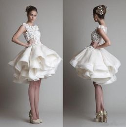 Vente promotionnelle et livraison gratuite Krikor Jabotian robes de mariée courtes en dentelle Bateau Cap manches dos nu genou longueur a-ligne en mousseline de soie plage robes de mariée