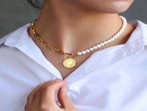 KRKC 2021 Collar de eslabones de media perla barroca para mujer chapado en oro personalizado de lujo, joyería grande, collar de perlas de agua blanca natural 9443831