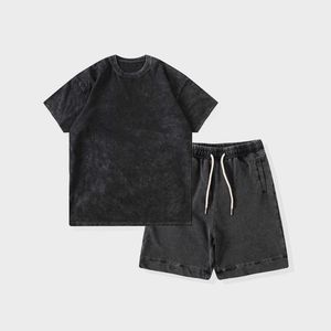 Ks5001 nouveautés personnalisé 100% coton noir lavé en détresse t-shirt et survêtement enfants vêtements ensemble enfant vêtements