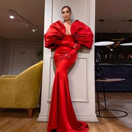 KSDN Red Prom Dress Puff Puff korte mouw vloer lengte zeemeermin v-neck satijn zonder handschoenen elegante jurk vrouwen jurken aangepast