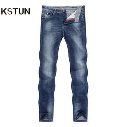 KSTUN Jeans Hommes Stretch Summer Blue Business Casual Slim Straight Jeans Mode Denim Pantalon Homme Pantalon Regular Fit Grande Taille 201117