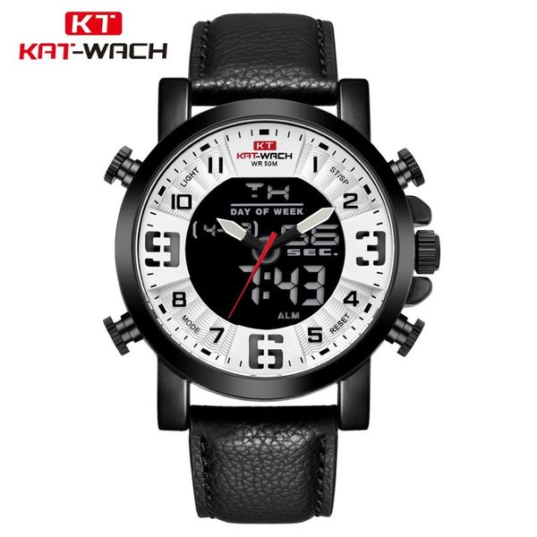 KT Man Watch Cadeaux pour hommes Analogiques Numériques Montres pour hommes Bande de cuir Casual Étanche Diver Chronographe Horloge Mode 1845268A