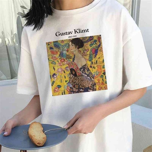 Kuakuayu HJN Gustav Klimt Camiseta con estampado de letras Camiseta de verano para mujer Chic Harajuku Patrón Arte Pintura al óleo Moda Vintage Top 210401