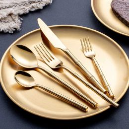 Kubac Hommi Cutlery Set Steak en acier inoxydable fourche bambou Design Golden Dîle Silver 24pcs 210709