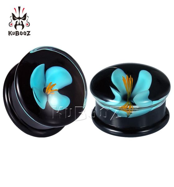 Kubooz Bouchons d'oreille évasés simples en verre à fleur bleue et tunnels de piercing, jauges de boucles d'oreilles, extenseurs, bijoux de corps entiers de 8 mm à 16 mm 8017153