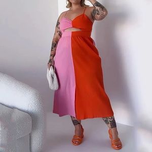 KUCLUT Women Plus size jurk Summer Fashion V Hals Suspender Mouwloze uitsparingskleurblok Vakantie Oversize Dresses 240506