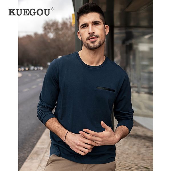 KUEGOU 100% algodón Otoño Primavera Ropa para hombre Camiseta de manga larga Sólido Simple Moda Camiseta Zafiro Top Plus Tamaño ZT-88093 210524