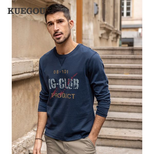 KUEGOU 100% algodón ropa primavera hombre camiseta manga larga letra impresión camiseta otoño moda zafiro hombres top ZT-88119 210524