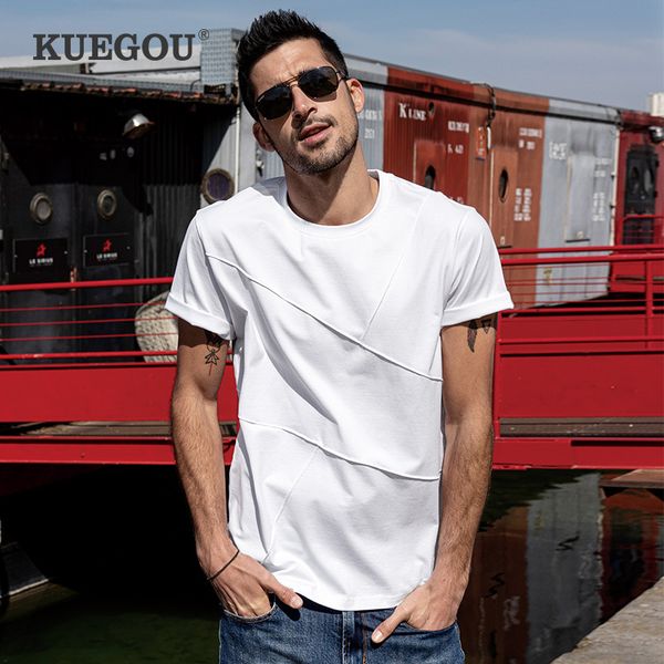 Kuegou 100% algodão masculino t-shirt manga curta moda pura cor sólida bordado tshirt verão retalhos top plus size 90076 210524