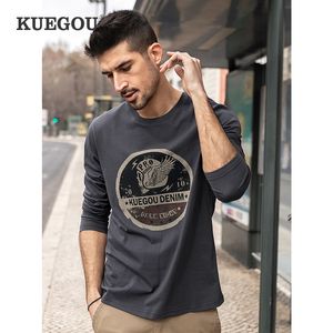 KUEGOU 100% algodón Ropa de primavera Camiseta para hombre Camiseta de manga larga Camiseta de calavera Vintage Zafiro Top Plus Tamaño ZT-88122 210524