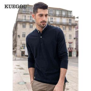 KUEGOU, camiseta 100% de algodón para primavera para hombre, camiseta de manga larga, camiseta con cuello de retales Henley, camiseta de moda de talla grande ZT-88054 G1229