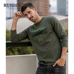 Kuegou 2021 Spring New Men T-shirt Lange mouw Sapphire 100% katoen t-shirt hoogwaardige bommenwerper print mode Top Plus Size 60041 T220808