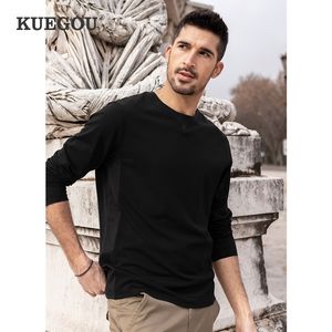 KUEGOU Mélange Coton Printemps Mode Hommes T-shirt À Manches Longues Noir Haute Qualité Tshirt Patchwork TeeTop Plus Taille ZT-88049 210524