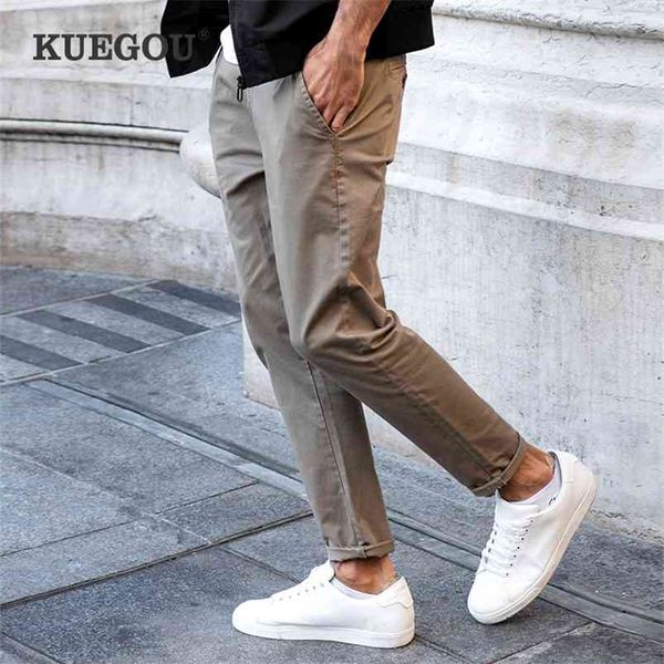 KUEGOU Marque Vêtements pour hommes Pantalons décontractés Slim Printemps Style sud-coréen Kaki Type droit Pantalon KK-2997 210715