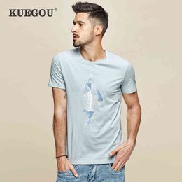 KUEGOU Katoen Heren T-shirt Zomer Mode T-shirt Gedrukt Elastisch Blauw Rood T-shirt Korte Mouwen Mannen Top Plus Size LT-1778 G1229