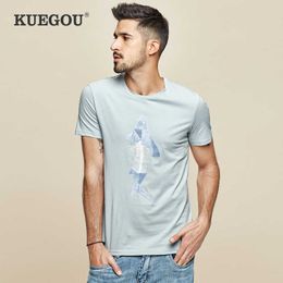 KUEGOU katoenen heren T-shirt Zomer Mode T-shirt Gedrukt Elastische Blauw Rood T-shirt Korte Mouwen Mannen Top Plus Size LT-1778 210629