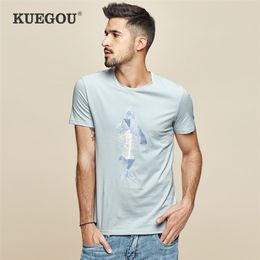 KUEGOU Coton T-shirt pour hommes T-shirt de mode d'été imprimé élastique bleu rouge t-shirt manches courtes hommes top plus taille LT-1778 210324
