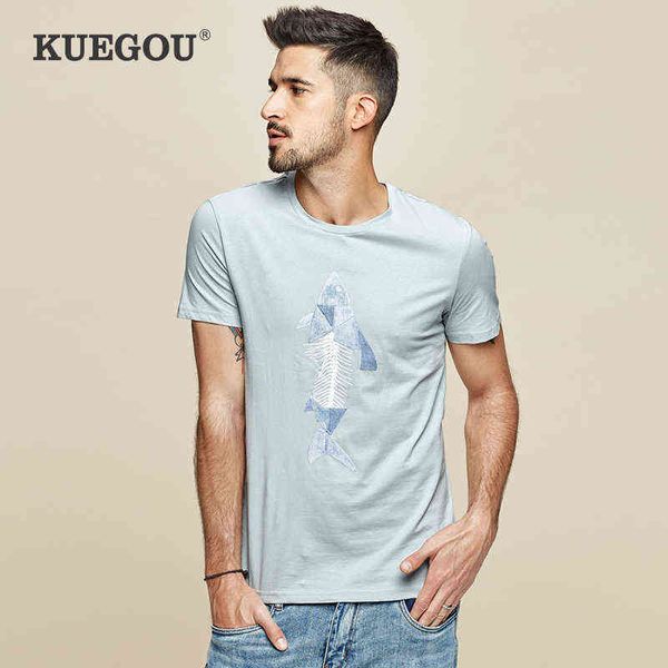 KUEGOU coton hommes T-shirt été mode t-shirt imprimé élastique bleu rouge t-shirt manches courtes hommes haut grande taille LT-1778 G1229