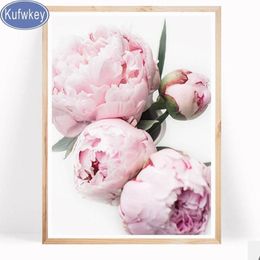 KUFWKEY Diamant Verf Vierkant Ronde foto pioenrozen Diamant Schilderen Mozaïek Strass Borduren roze bloemen muur decor300v