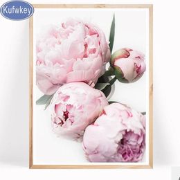 KUFWKEY-pintura de diamante cuadrada y redonda, cuadro de peonías, mosaico de diamantes de imitación, bordado de flores rosas, decoración de pared 312e