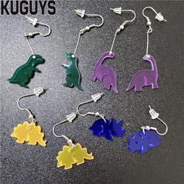 KUGUYS, joyería acrílica de moda, pendientes largos de acrílico transparente personalizados, regalo, pendientes colgantes de dinosaurio pequeño de colores multicolores para mujer 285E