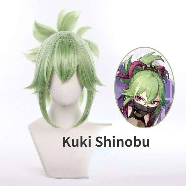 Kuki Shinobu jeu de Cosplay Genshin Impact vert clair court avec frange met en évidence perruques de fête résistantes à la chaleur + bonnet de perruque gratuit cosplay