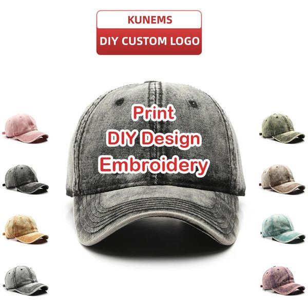 Kunems Personniers personnalisés Broidered Fashion Jeans Baseball Hat Mens and Womens DIY Design lavage Coton Sunhat Unisexe Wholesale 240430