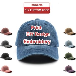 Kunems personnalise les jeans de baseball Caps de baseball bricolage imprimé / brodé Chapeaux de conception de texte pour hommes et femmes chapeaux de soleil d'été unisexe en gros 240515