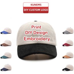 Kunems Diy Custom Baseball Cap pour hommes et femmes automne et hiver en velours côtelé Patchwork Primper de broderie en gros Unisexe 240426