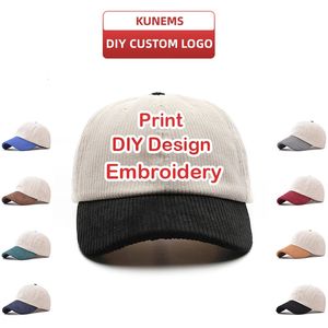 Kunems DIY Custom Baseball Cap voor mannen en vrouwen herfst en winter corduroy patchwork print borduurwerk hoed groothandel unisex 240426