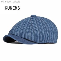 KUNEMS mode rétro octogonal chapeaux pour homme bérets lavés Peaky Blinders Denim Newsboy chapeau rayé papa casquette unisexe Gorras L230523