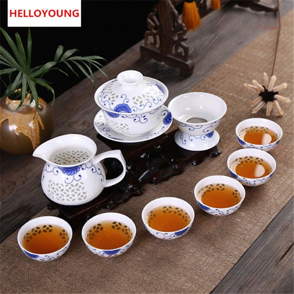 Service à thé Kung Fu 10 pièces/ensemble, tasse à thé en céramique, théière bleue et blanche, Service de thé en porcelaine, offres spéciales