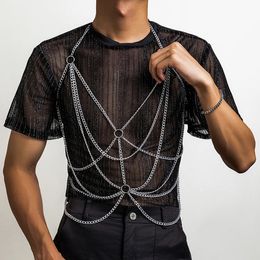 KunJoe Punk multicapa círculo de aluminio cadena cruzada Halter pecho cadena para hombres Gay arnés Sexy fiesta Clubwear joyería del cuerpo 240127