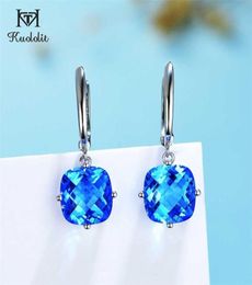 Kuololit damier cristal bleu pierres précieuses boucles d'oreilles pour femmes solide 925 argent Sterling 1010 coussin bijoux fête 2201082065713