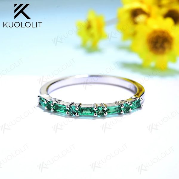 Kuololit Lab Lab Grown Emerald Rings for Women Men Solid 18K 14K 10k White Gold Inclay Inclay Round Cut Wedding Band Luxury 240507