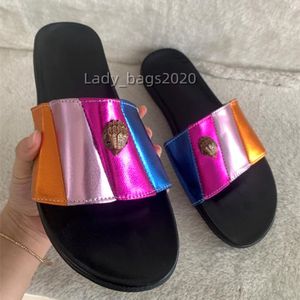 Kurt Geiger Pantuflas de fondo plano para mujer Empalme Sandalias de arcoíris Zapatos de diseñador Moda Eagle Head Inlaid Diamond Zapatilla Verano Playa plana Chanclas de lujo