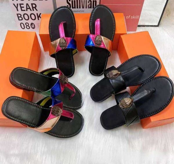 Kurt Geiger Flip Flops Tableaux Femmes Sandales Stitching Rainbow Slipper Fashion Designer Slides Chaussures plates Eagle Head Diamond Muckle Plus taille 41 J88 L230520 HEFX