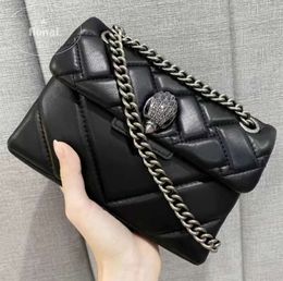 Kurt Geiger London Sac à main en cuir de mouton véritable avec chaînes 5A, petit sac à main à rabat, noir doré/argenté