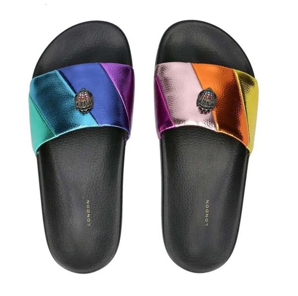 Kurt Geiger Zapatillas de Mujer con Parte Inferior Plana Sandalias de Arco Iris con Empalme Zapatos de diseño Zapatillas con Diamantes con Incrustaciones de Cabeza de Águila a la Moda Chanclas de Lujo para la Playa Plana de Verano 55