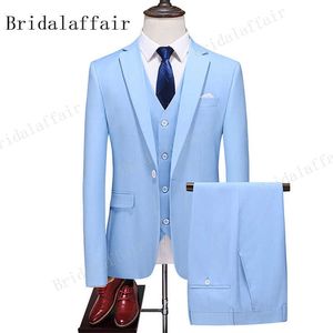 Kuson Nieuwe Mode Sky Blue Pak voor Mannen 3 Stuks Notch Revers Platte Slanke Fit Tuxedo Blazer Sets Bruidegom voor Wedding Graduation Party X0909