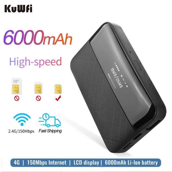 Kuwfi-enrutador 4G LTE, Mini módem 3G portátil, 150ms, Wifi inalámbrico, punto exterior, 6000mAh, con ranura para tarjeta Sim, LCD 240113