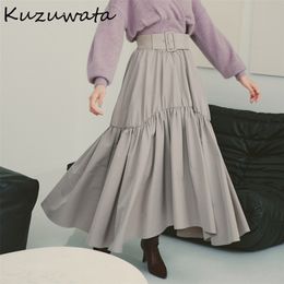 Kuzuwata herfst winter vrouwen jupes japans ontwerp hoge taille sjerpen geplooid mujer faldas swing onregelmatige gezwollen rokken 220317