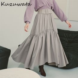 Kuzuwata Herfst Winter Dames Jupes Japans Design Hoge Taille Sashes Geplooid Mujer Faldas Swing Onregelmatige Puffy Rokken 220401