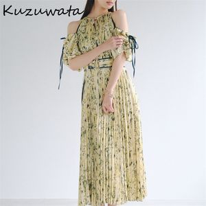 Kuzuwata Japanse stijl twee slijtage dames Vestidos Spring gewaden Off schoudertrekking slanke taille print geplooide jurk 226014