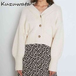 Kuzuwata, cárdigan holgado sencillo y dulce para mujer, abrigo de punto con cuello de pico de primavera, suéteres informales de diseño sólido 210812