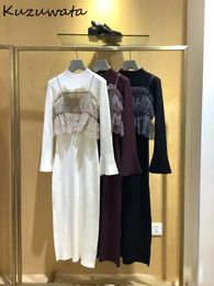 Kuzuwata Sweet Voile Sling Bow Set Vestknit Elegant O Col Long Slim Fit Robe Japan Fashion Casual Cost Vestidos 240402