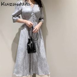 Kuzuwata v-hals Lange mouw Slanke trui Dres Vintage Print Hoge Taille Heup Een lijn Vestidos Spring Robe 210623