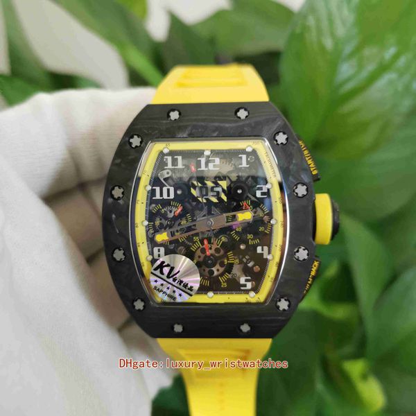 KVF Reloj para hombre Super Version Relojes 42 mm x 50 mm RM011 NTPT Fibra de carbono Amarillo Cronógrafo Cronómetro RMAC3 Movimiento Mecánico Automático Relojes de pulsera para hombres